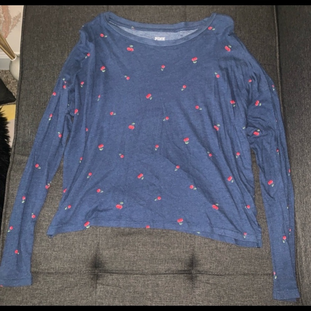 PINK Victoria's Secret Blue Long Sleeve Tee with Red Accents